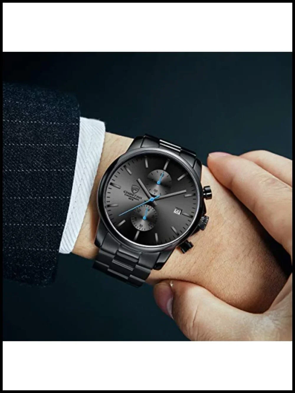 Mens Stainless Steel Chronograph Quartz Watch Waterproof Auto Date